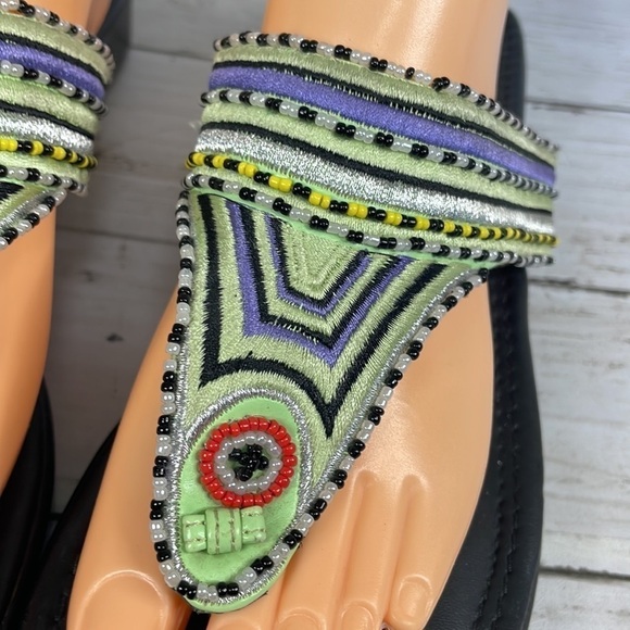Viintage Beaded Embroidered Thong Square Toe Leather Sandal - Picture 4 of 14